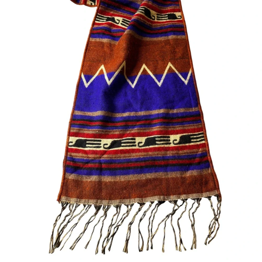 Saddleblanket Co Southwestern Geometric Fringed Scarf Blue Rust Orange Tribal